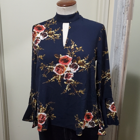Navy Floral Bell Sleeve Keyhole Choker Blouse S - Picture 1 of 8